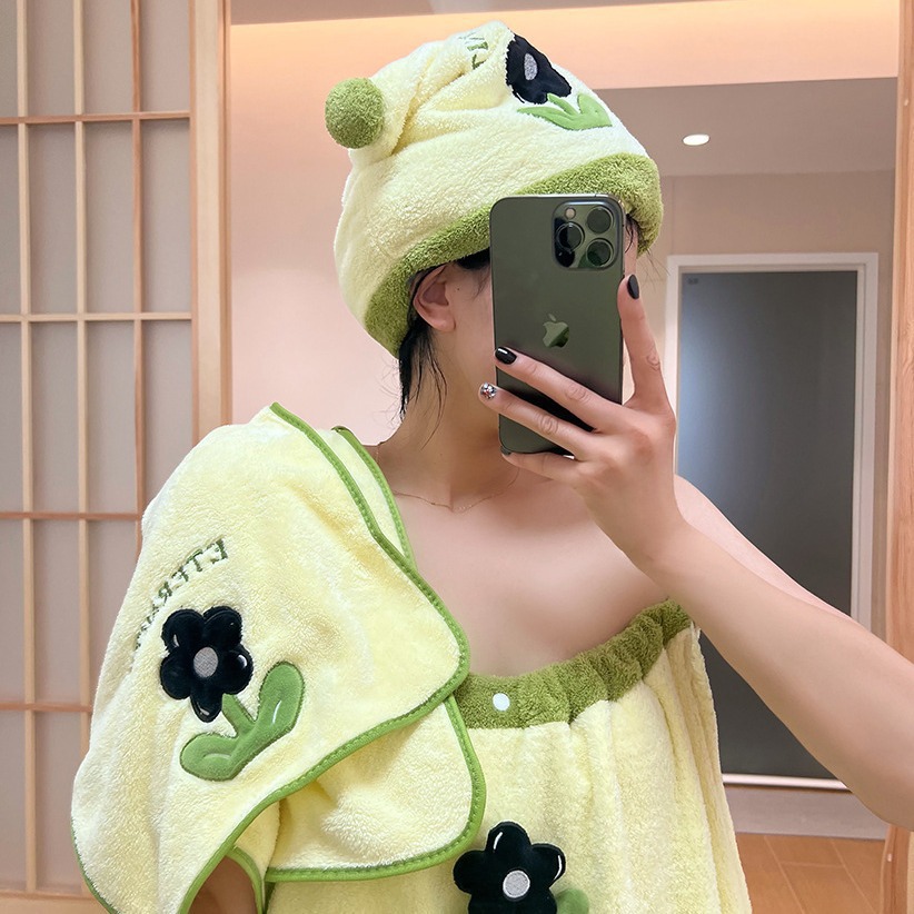 Wholesale cartoon cute small flower bath towel women's absorbent bathrobe dry hair cap towel bath towel can be worn can be wrapped bath wrap towel