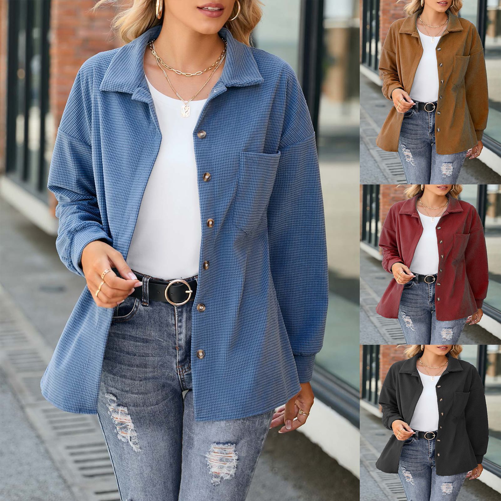 2022 new women's foreign trade autumn and winter Amazon European and American solid color loose fashion button long sleeve cardigan coat top