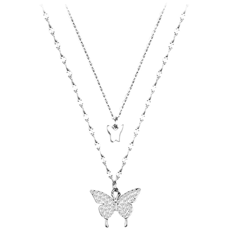 Double-layer butterfly necklace ~ flash Diamond 2022 spring and summer New Fashion necklace female ins South Korea all-match cold style clavicle chain