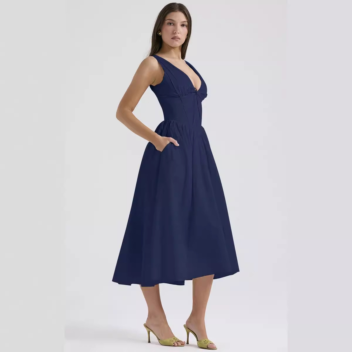 Boho women's wear retro chest V-neck sexy strap dress royal style floral temperament dress