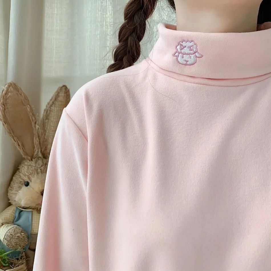 Bottoming Shirt Turtleneck Velvet Inner Lamb Embroidery Autumn and Winter fleece-lined Thickened Warm Loose Long-sleeved Female Student Top