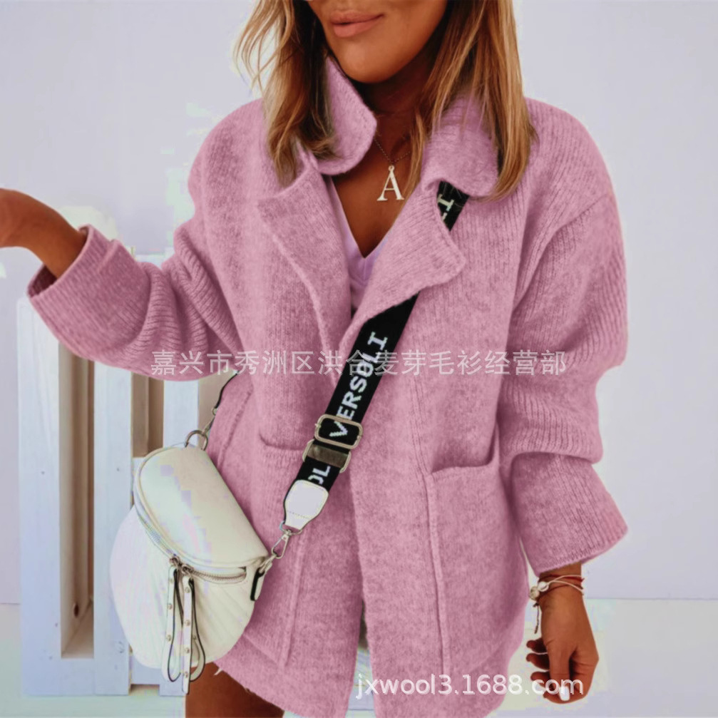 Picture of 2025 New European and American Street Suit Collar Large Pocket Loose Knitted Cardigan Sweater Women's Jacket Amazon Cross-Border
