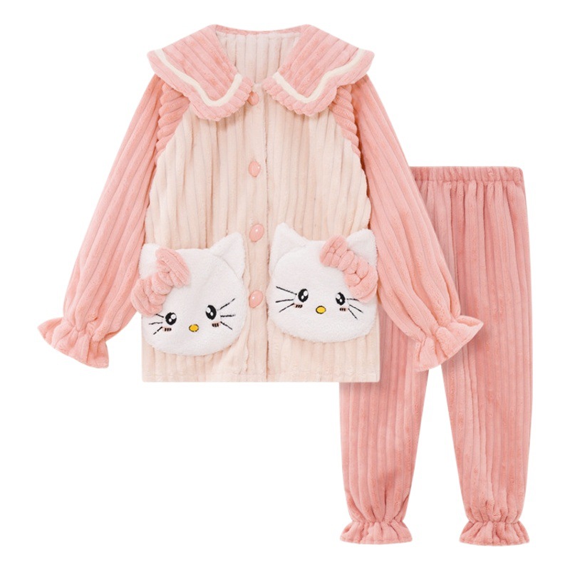 Children's pajamas autumn and winter flannel girls' cute cartoon lapel coral fleece children's warm homewear