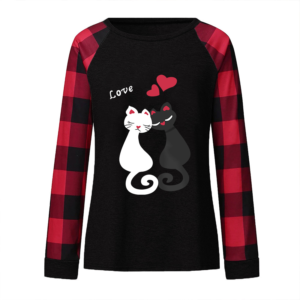 AliExpress Cross-border Valentine's Day Women's New LOVE Loose Pullover Shoulder Black Plaid Sleeve T-shirt