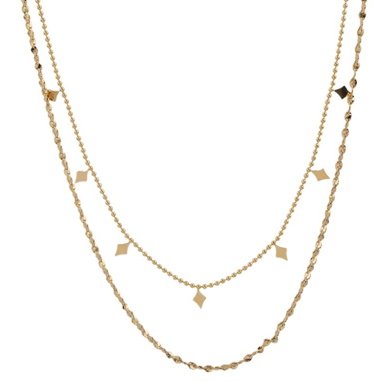 European and American Fashion Diamond Sequin Double Layer Stacked Titanium Steel Necklace Women's Summer Color-free 18k Gold Necklace Jewelry
