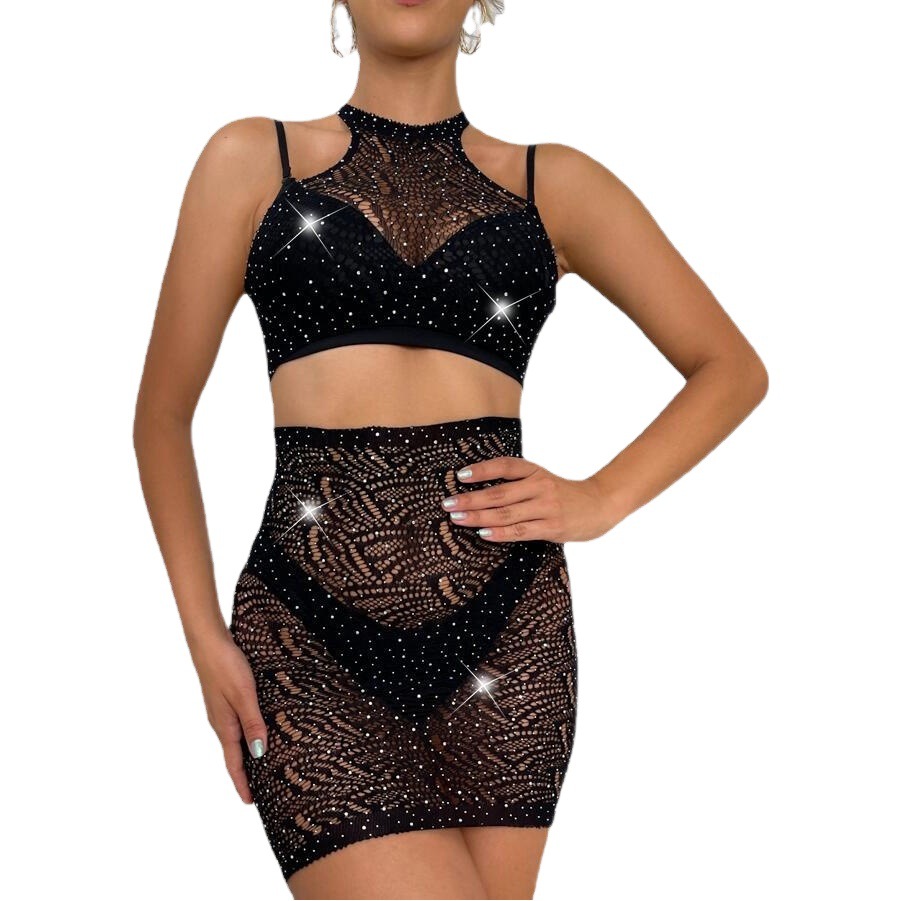Cross-border European and American Women's Hot Diamond Trim Glitter Sexy Hollow Jacquard Mesh Temptation Bra Short Skirt Swimsuit Set