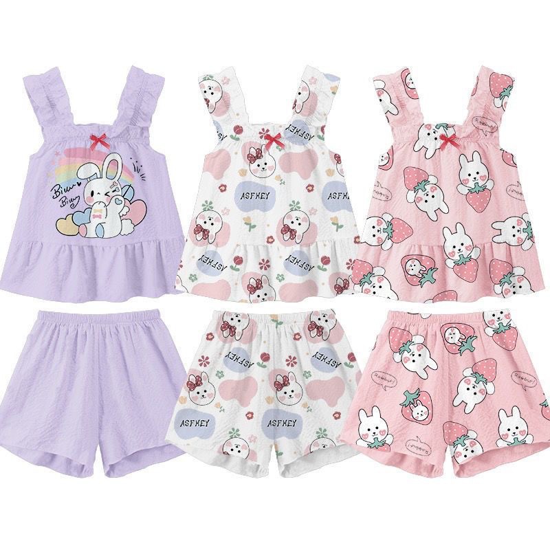 Picture of 2024 new summer thin fashionable cute suspender shorts suit Cartoon Cartoon children and girls pajamas outside