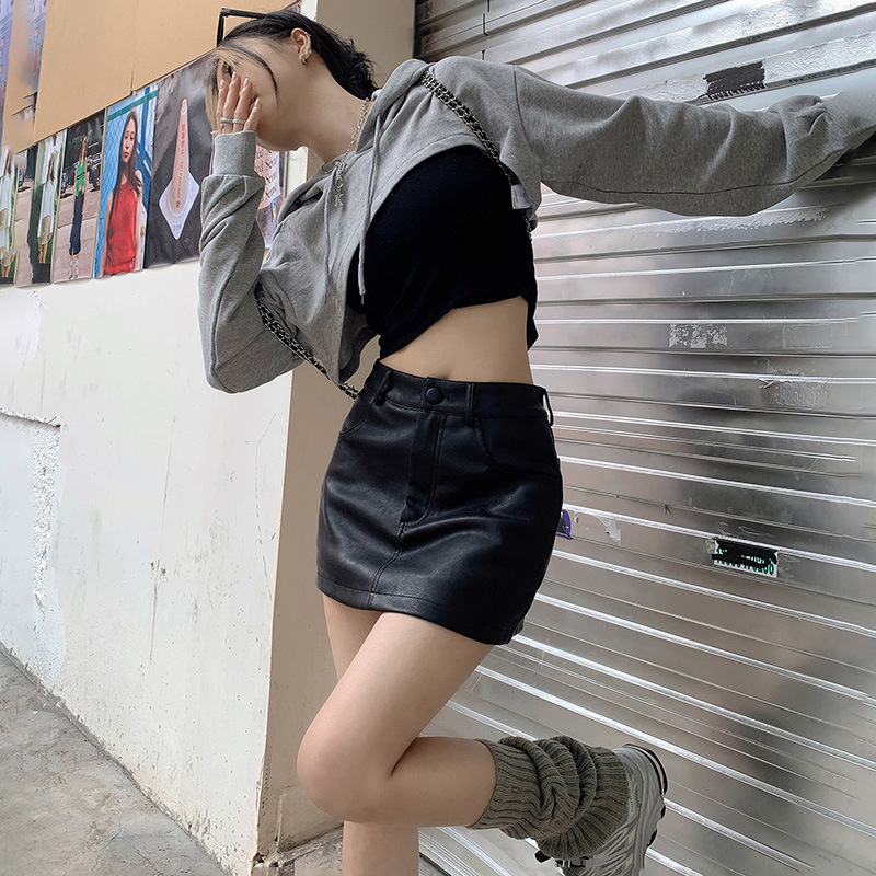 Licshe# American Retro hot girl leather skirt A- Line skirt versatile sheath high waist skirt skirt anti-exposure culottes