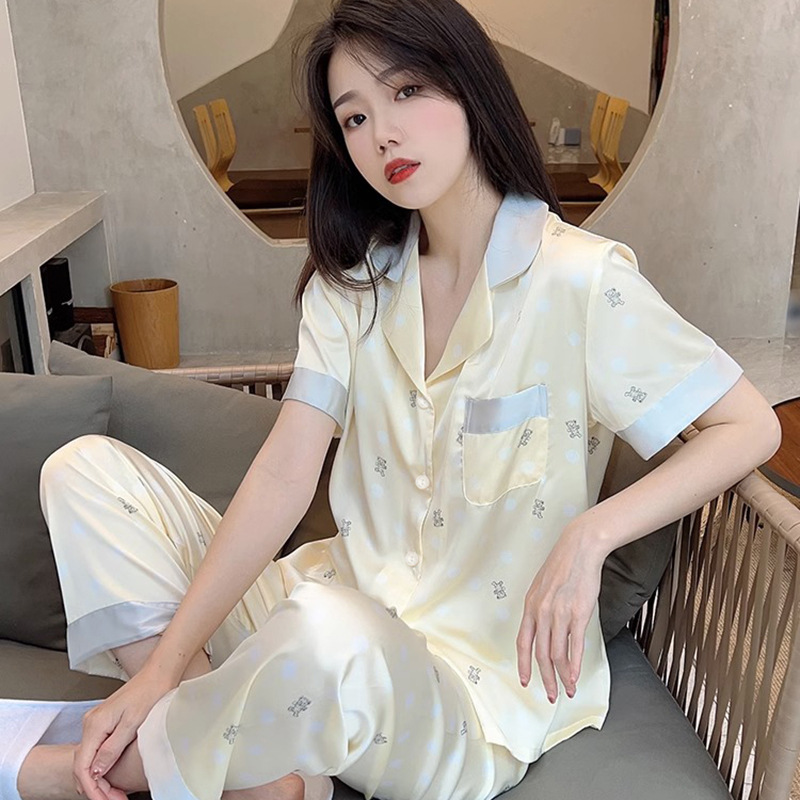 Summer French high-end sense bear pajamas women's short sleeve trousers thin contrast color home clothes women's suit wholesale