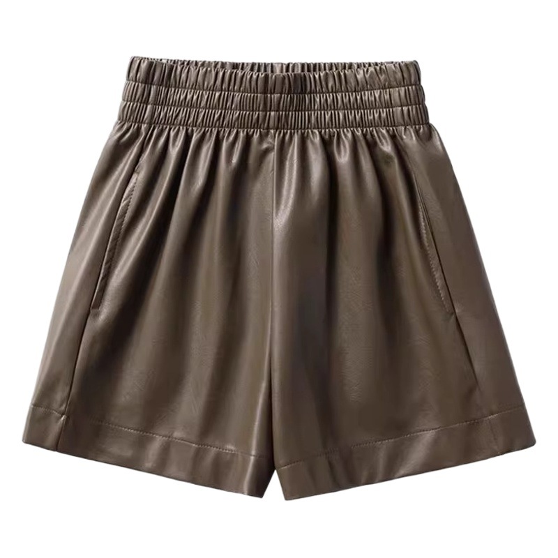 brown Leather Shorts Women's 2023 Autumn and Winter New High Waist A- line Slim Wide Leg Pants Puleather Fashionable Outer Wear Boots Pants