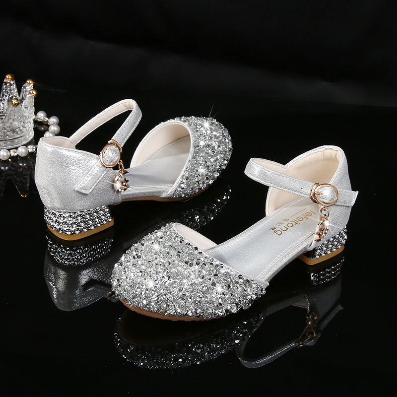 Girls Princess Shoes silver Crystal Shoes Shiny Pieces Little Girls Host Piano Performance Shoes Children High Heels