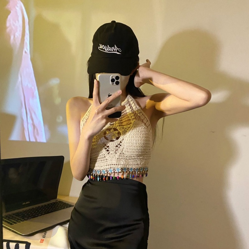Pure Desire Hollow Lace Design Sling Small Vest Women's 2023 New Vacation Style Tassel Sexy Cropped Top
