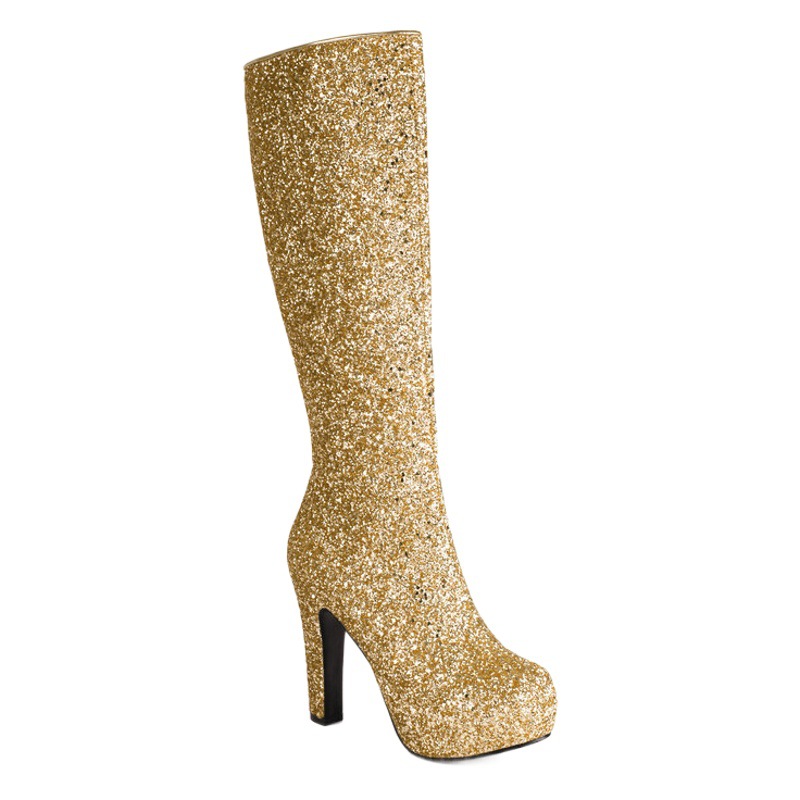 Women's high boots glitter metal sequined chunky heel super high heel side zipper knee-high boots performance Knight boots