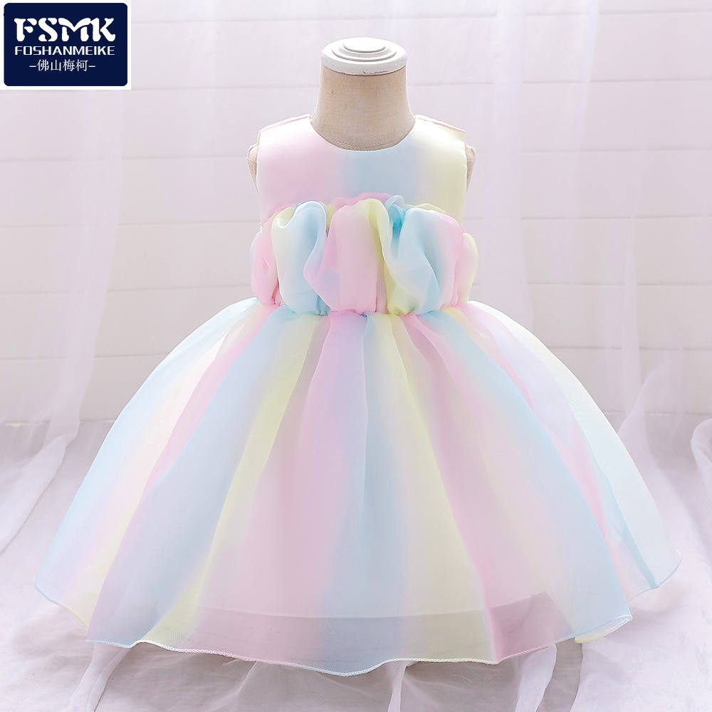 European and American Children's Dress Sleeveless Baby's Rainbow Gradient Mesh Puffy Dress Baby's One-year-old Dress Princess Dress