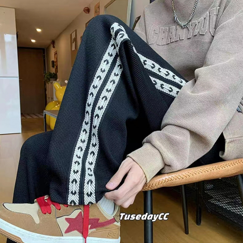 2025 New Casual Korean Style High Street Waffe Pants Men's Spring and Autumn Fashionable Brand Sweatpants Loose Straight Hong Kong Style