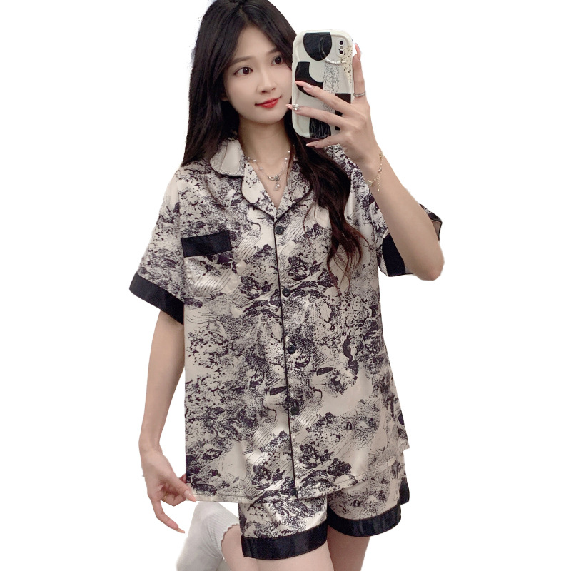 Picture of Cross-border summer high-grade ice silk short-sleeved women's pajamas national style ink painting leisure home clothes two-piece wholesale