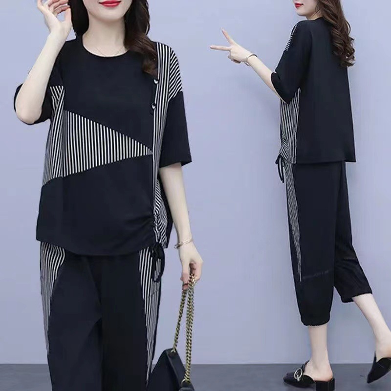 2022 Summer New Large Size Women's Clothing Striped Contrast Color Stitching Set Fashionable Fat Girl Loose Slimming Two-piece Set for Women