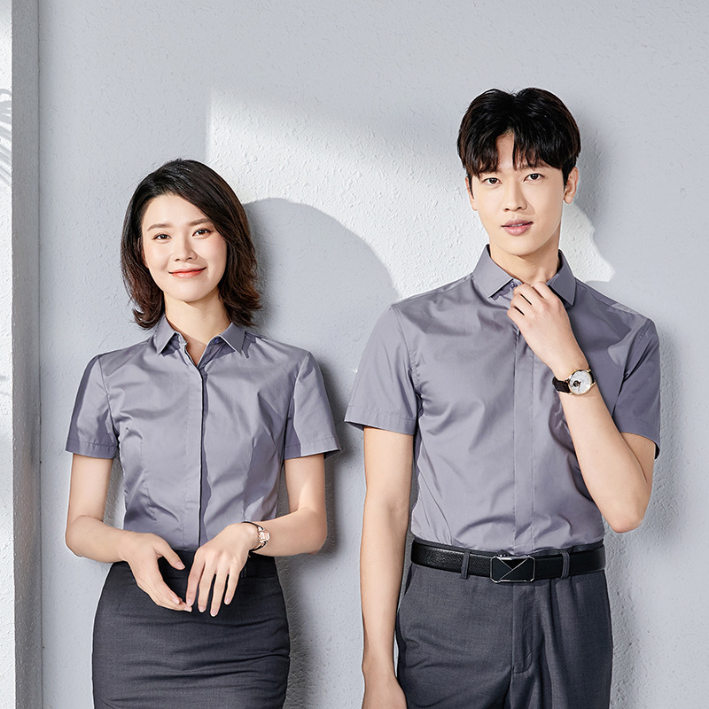 Short Sleeve Shirt Unisex Business Casual Non-ironing Summer Loose Business Wear Men's Square Collar Grey Shirt Shirt