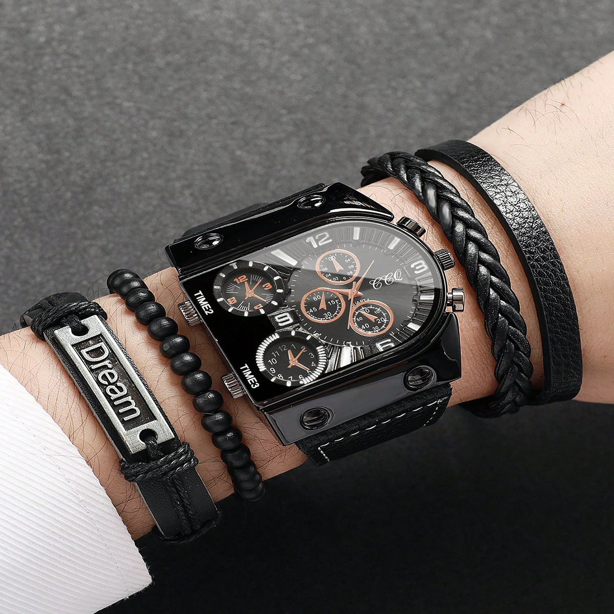 Fashionable Large Dial Multi-Mechanical Heart Men's Quartz Watch Outdoor Sports Leather Strap High-End Design Watch
