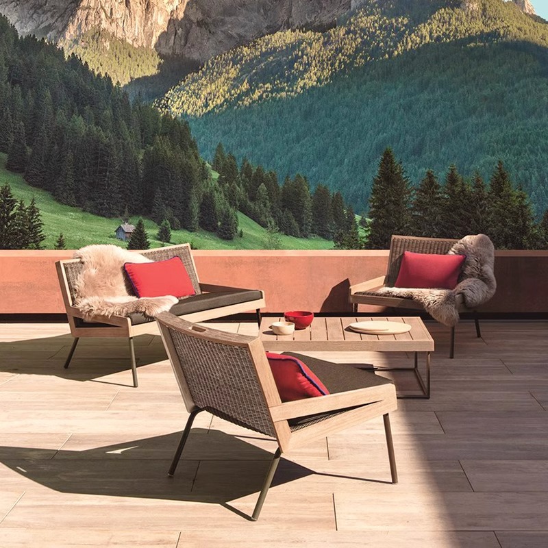 Nordic Teak Outdoor Rattan Sofa Outdoor Courtyard Furniture Combination Waterproof Balcony Leisure Terrace Rattan Chair