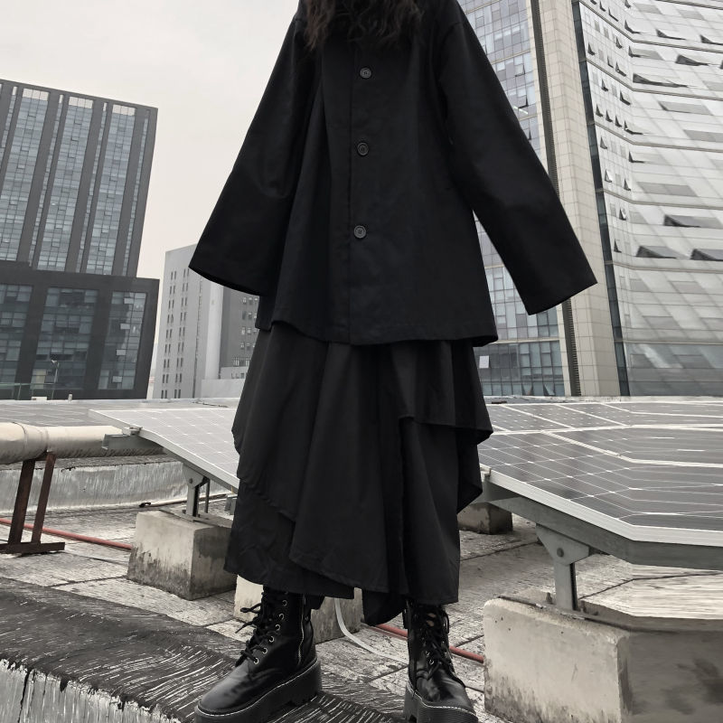 Black wide-leg pants for female students Korean style loose slimming spring and autumn elastic waist irregular casual pants skirt for female fashion