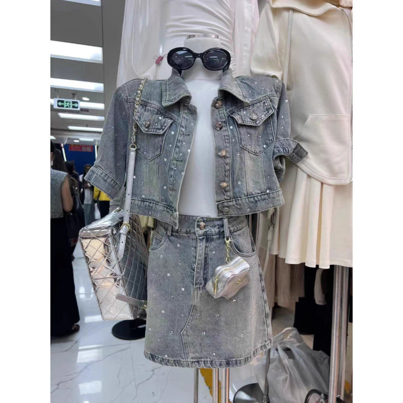 Fashionable Western Style Heavy Industry Hot Drilling Denim suit Women's Summer Retro Short-sleeved Jacket High Waist Half