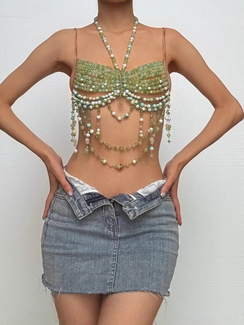 European and American Bra Aliexpress Body Chain Sexy Tassel Bra Backless Halter Stone Beaded Tube Top 25090