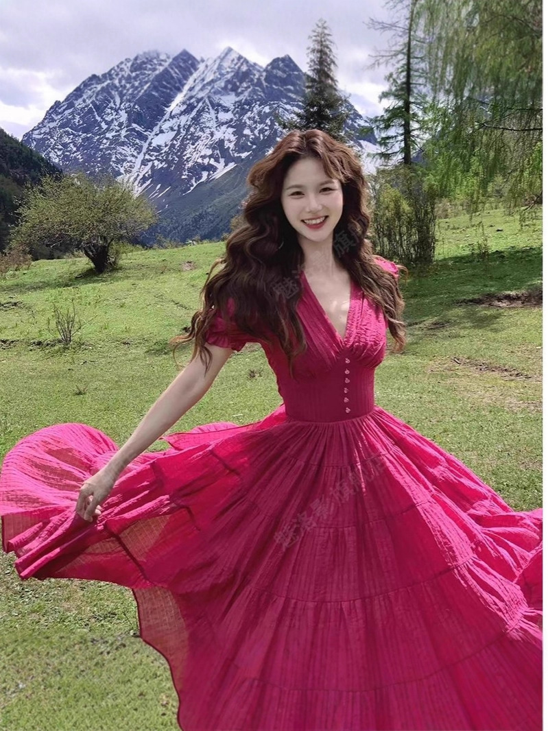 Raspberry Color V-Neck French Dress Women's Summer New Elegant Slim Skirt Small Waist Exposed Vacation Long Skirt