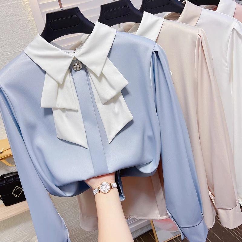 Small bow tie doll collar shirt women's autumn temperament OL fashion base shirt loose drape ribbon sweet top