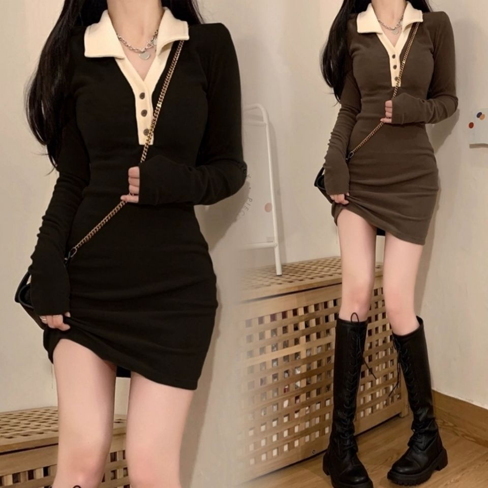 Sexy Hot girl polo dress women's autumn new small pure desire wind waist slimming sheath skirt
