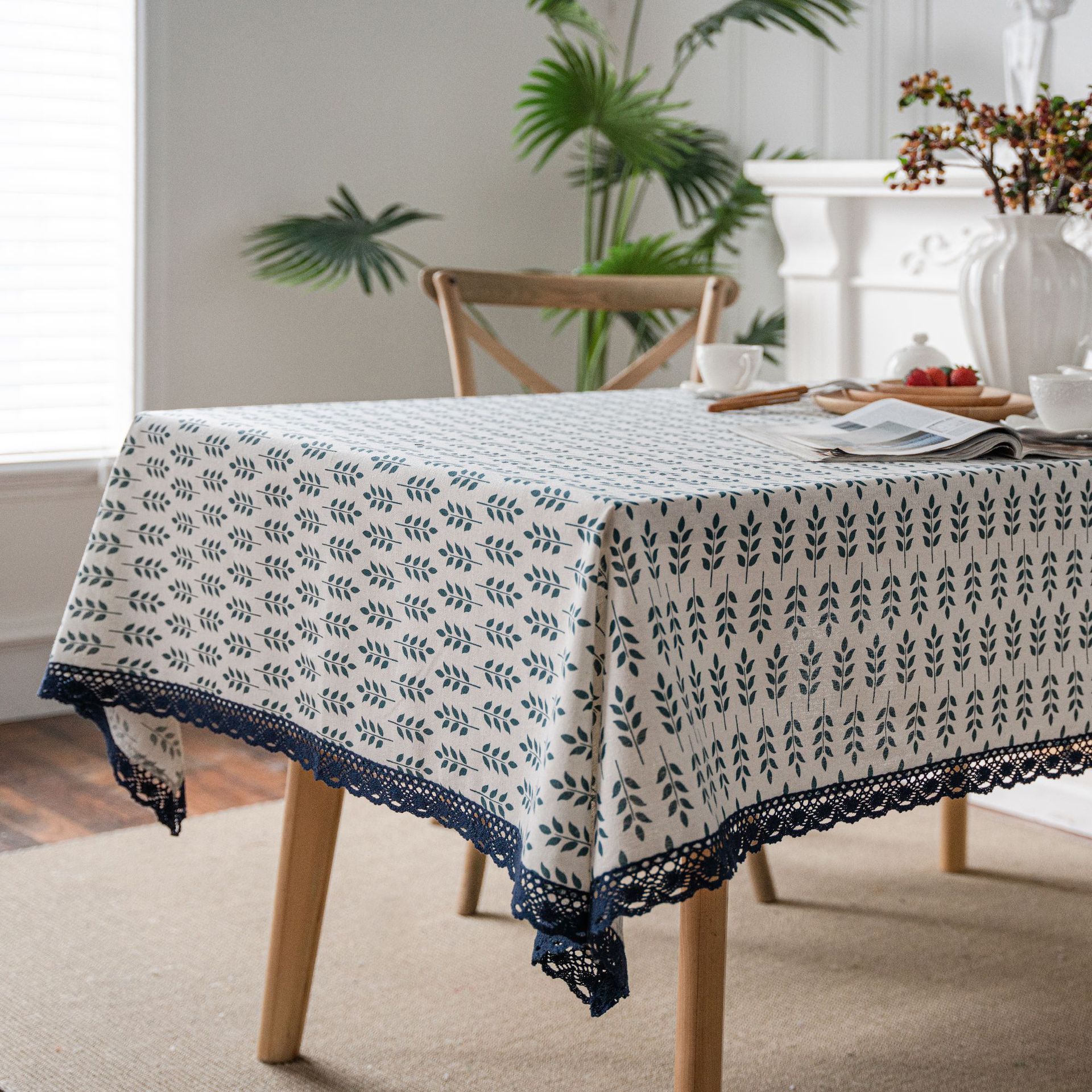 Picture of Yiman Qiyun Navy Blue Plum Blossom Printing Pastoral Cotton and Linen Tablecloth Tablecloth Wholesale Household Cover Towel Lace