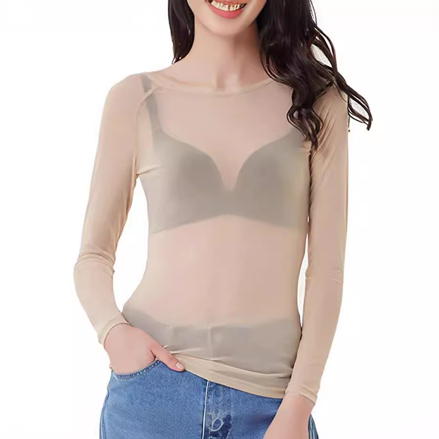 Picture of Autumn 2023 Black Transparent Mesh Base Shirt Women's Long-sleeved Sexy Perspective Thin Mesh Shirt Super-stretch Shirt