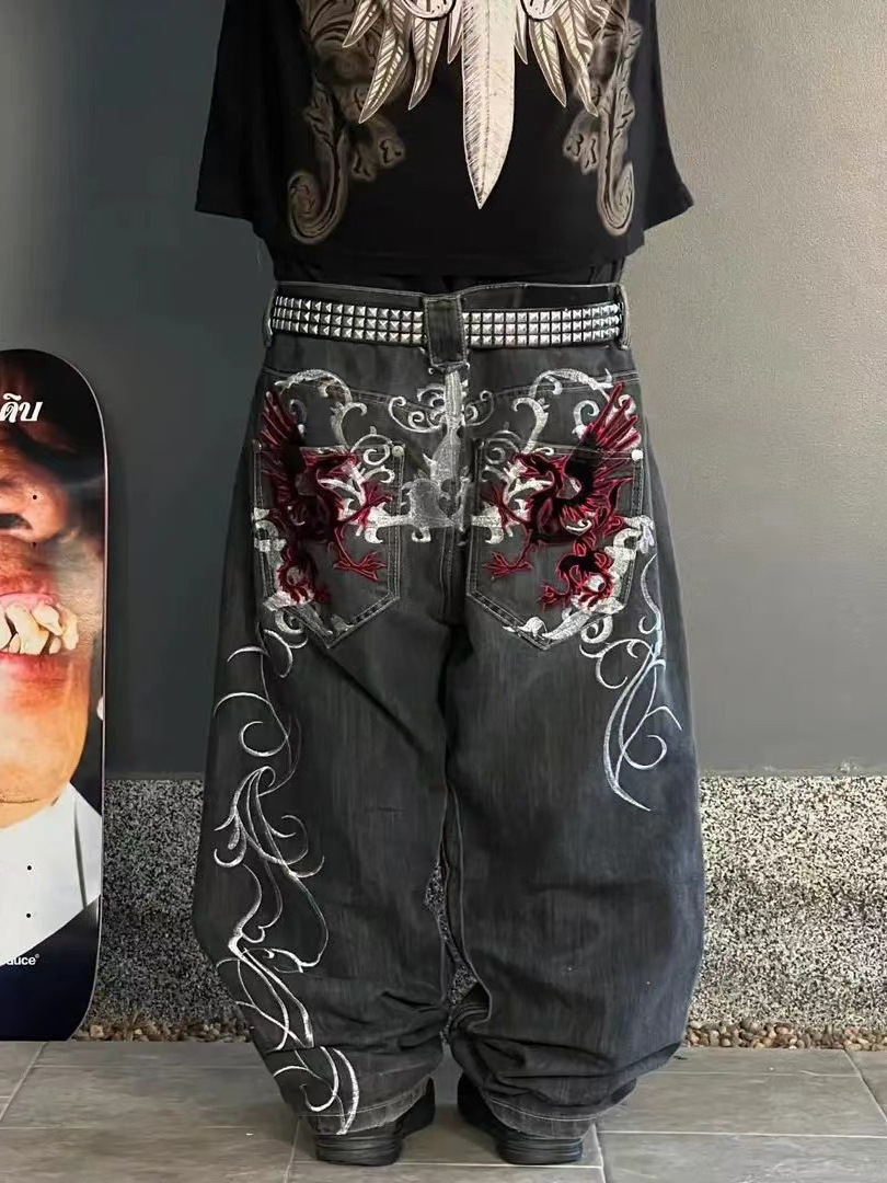 Cross-border European and American Retro American Loose Embroidered Straight Trendy Hip-hop Jeans Hiphop Pants