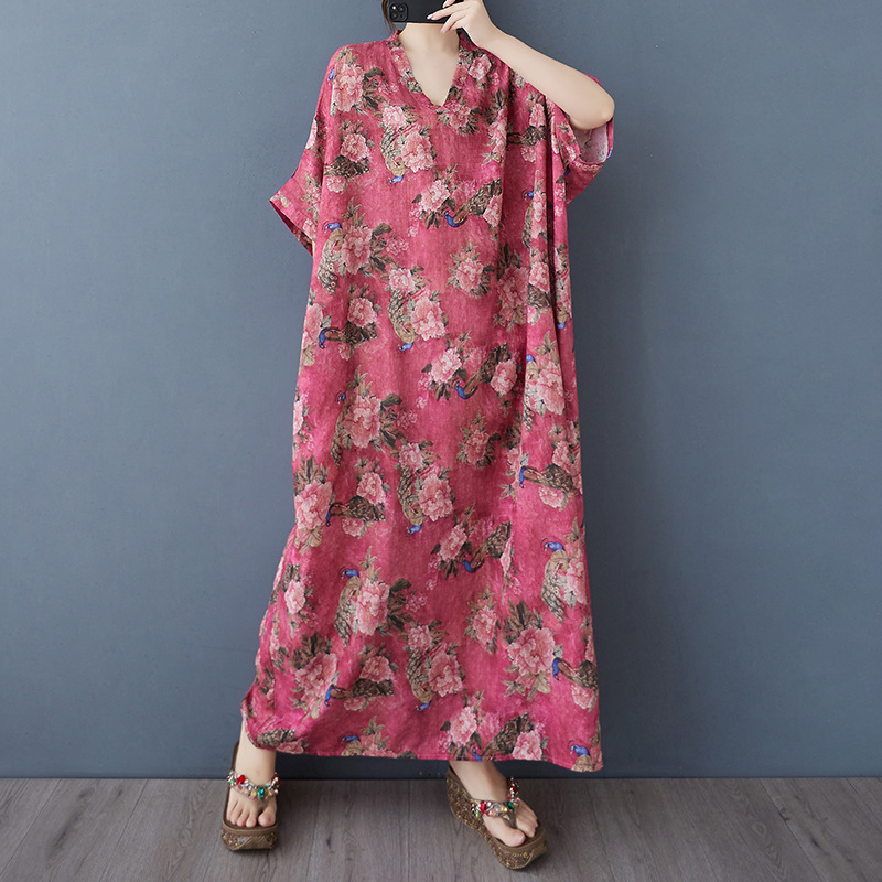 Plus Size Women's Summer V Neck Thin Cotton and Linen Extra Large Loose Artistic Holiday Style Beach Skirt Retro Flesh-Covering Long Robe