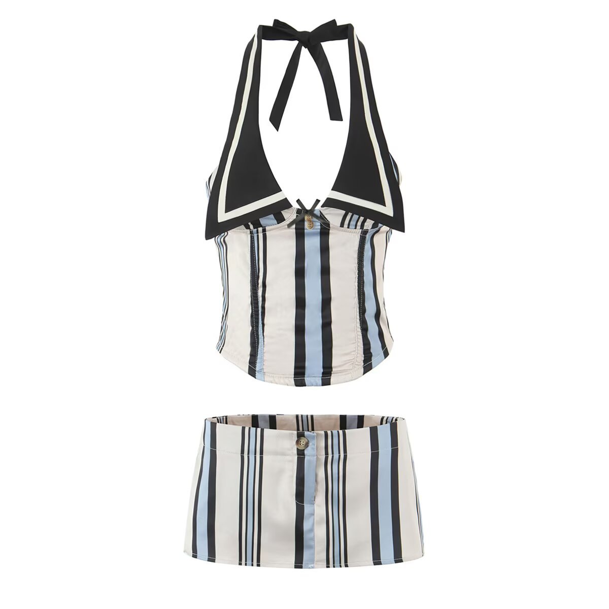 French Retro Style Contrast Color Stripe Neck Strap Slim Vest Top Short Skirt Hot Girl suit Women's Summer