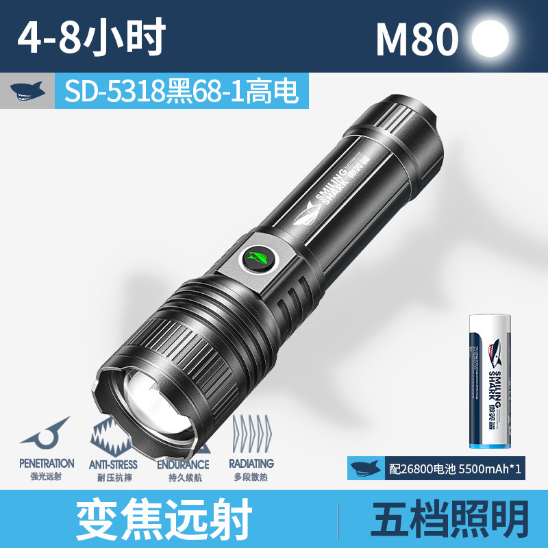 Picture of Smiling Shark Outdoor Zoom Long-Range High-Brightness Flashlight Five-Speed Adjustable Strong Light Aluminum Alloy Flashlight