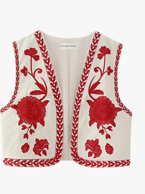 2024 Autumn New European and American Cross-border Fashion Women's Ethnic Style Flower Vest Embroidered Short Cardigan Vest