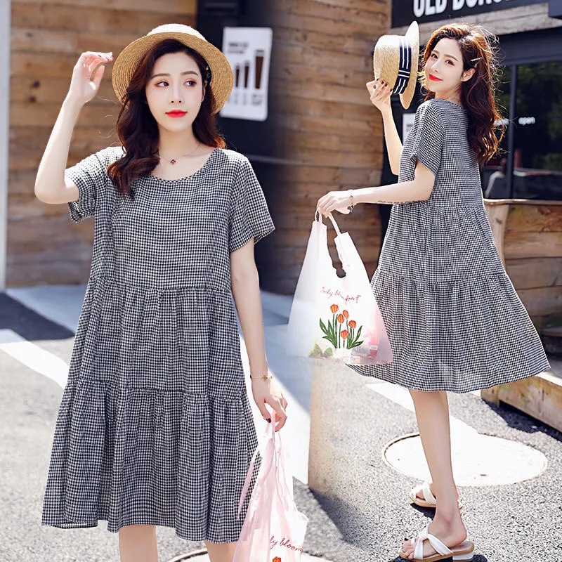 Pregnant women's long dress women's summer new fashion skirt large size loose plaid A- line pregnant women's skirt