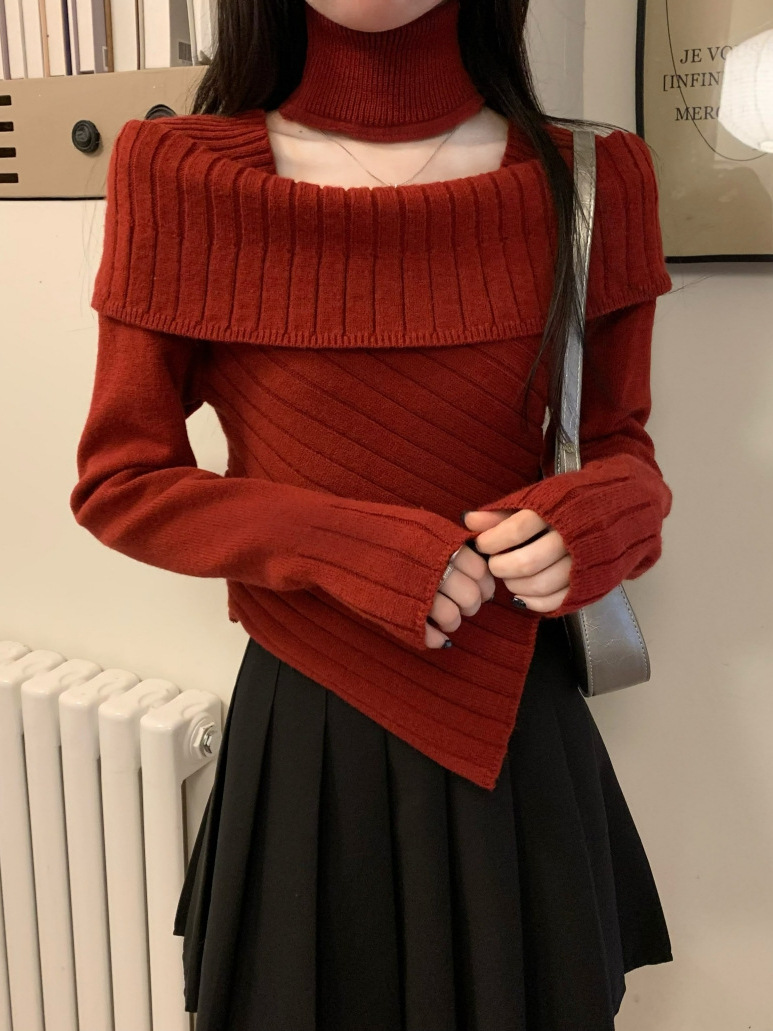 2024 autumn and winter wear white irregular collar sweater square collar care machine hanging neck knitted base shirt women's clothing