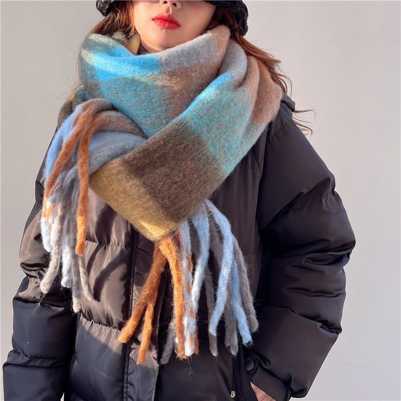 Picture of Winter monochrome plush heavy weight soft fluffy lazy wind solid color large pulled wool warm scarf for students couple