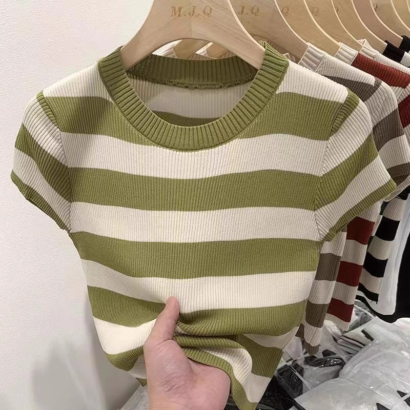 European ice silk striped contrast color sweater women's short sleeve 2024 Summer new elastic slim slimming bottoming top