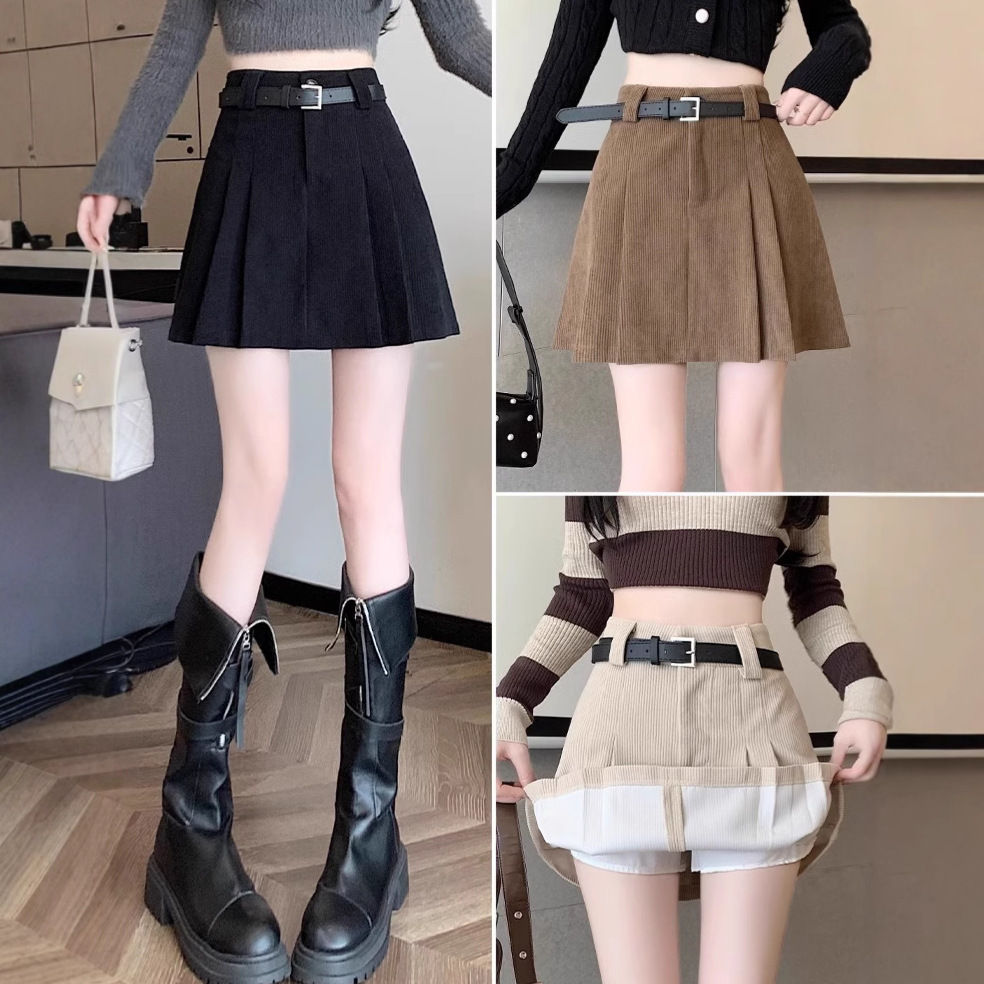 Black Corduroy Pleated Skirt Skirt Women's Autumn and Winter High Waist Skirt 2024 New A- Line Skirt Hip Skirt