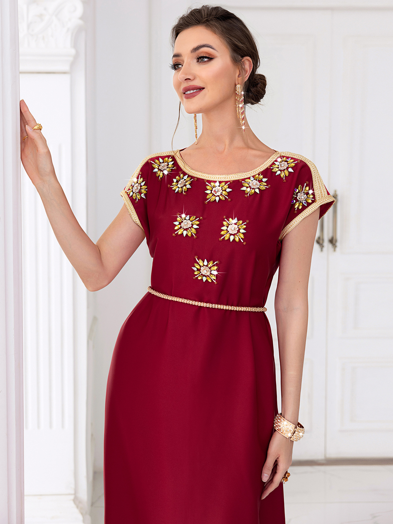 BA7030 Wine Red Walt Satin Heavy Industry Hand-stitched Diamond Short-sleeved Celebrity Style Vintage dress