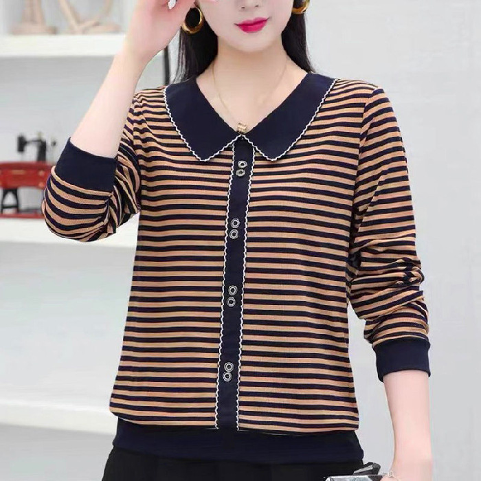 Picture of Strict selection of new doll collar striped long sleeve T-shirt middle-aged mother plus size women's button slim casual top women