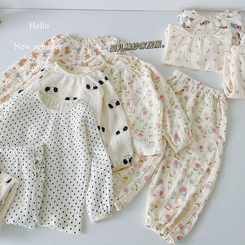 Picture of 2024 Children's Air-Conditioned Home Clothes Double-Layer Cotton Yarn Pajamas for Boys and Girls Pure Cotton Spring and Summer Thin Nefty Long-Sleeved suit
