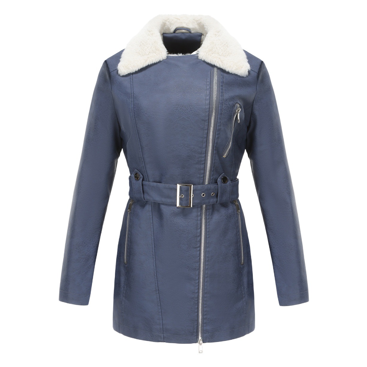 23 autumn and winter New long sleeve plus velvet leather women's lapel double zipper belt belt warm coat Europe and America Amazon