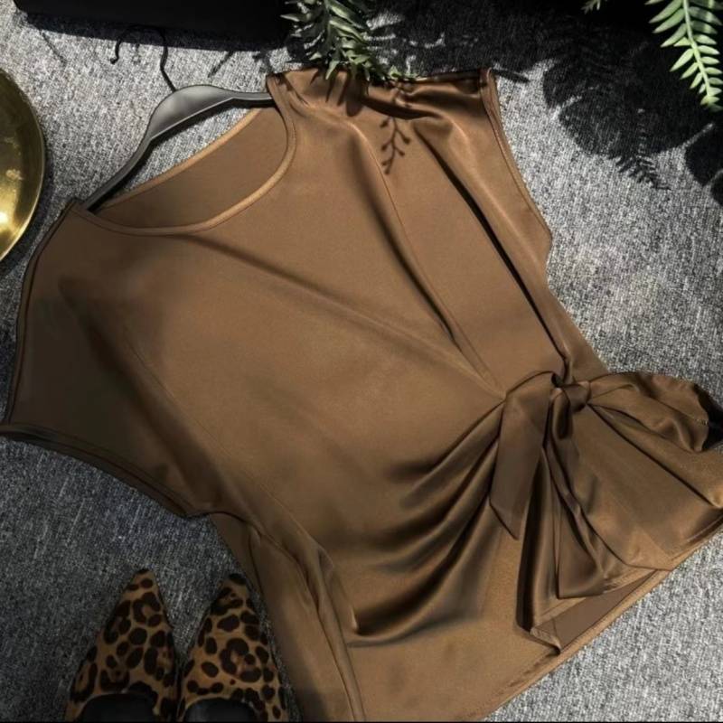 Picture of Tie Bow Design Shirt 2025 Summer Fashion Tight Waist Small Shirt Slimming Short Sleeve Top
