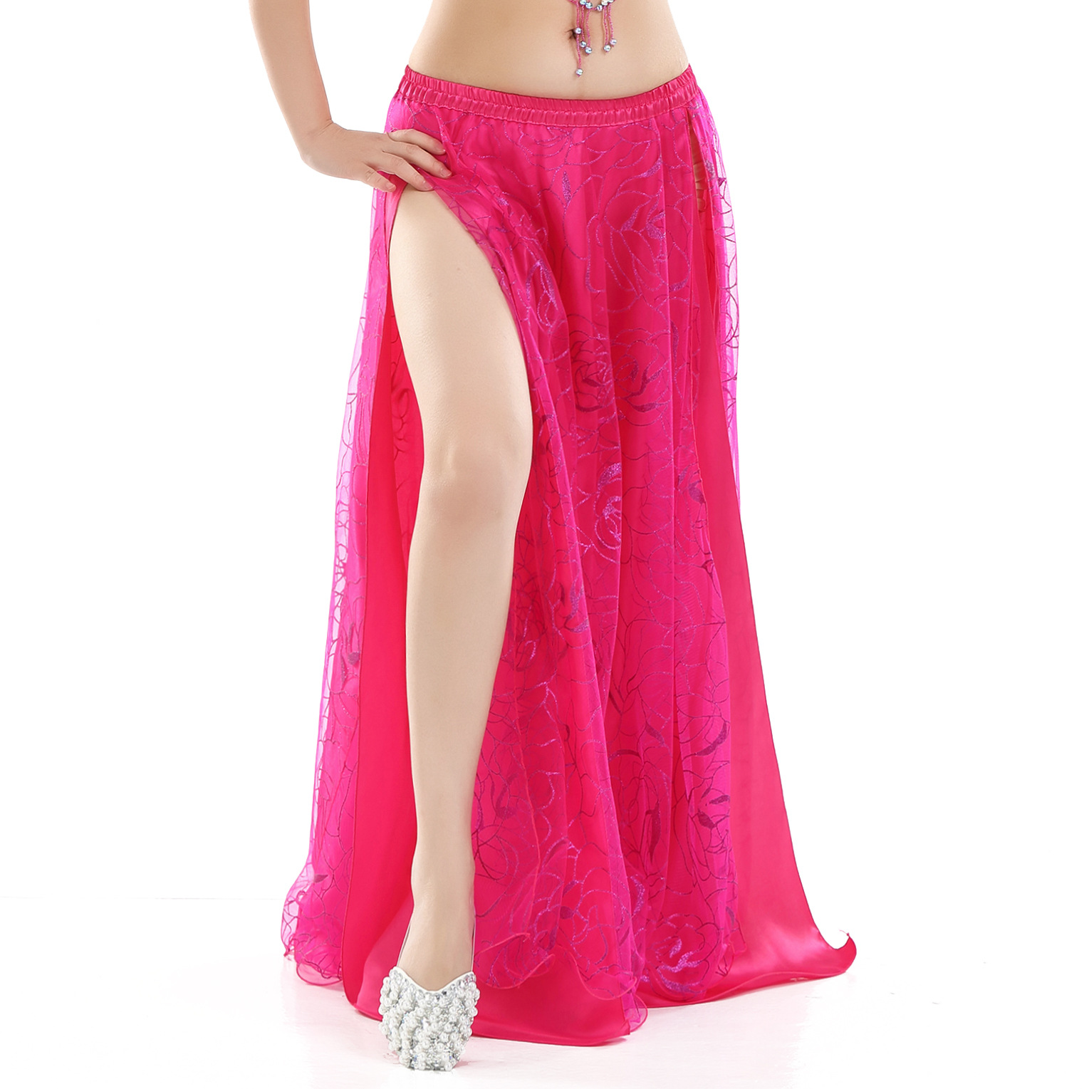 Picture of Hot Push Rose Skirt Belly Dance Performance Clothing Outer Mesh Design Double Slit Stunning Dance Clothing Source Factory