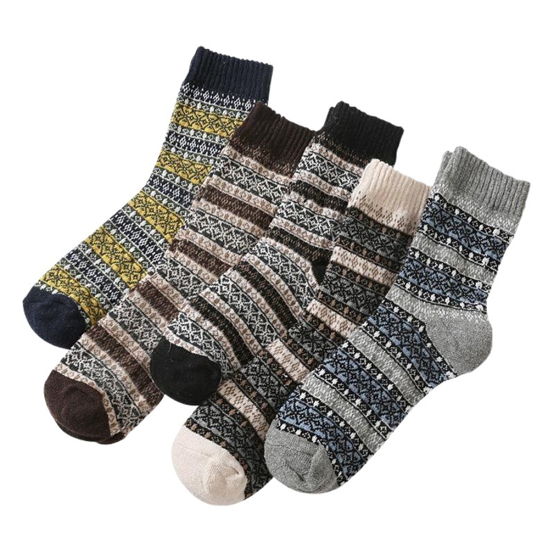Manufacturer Wholesale Autumn and Winter Warm Socks Men's Mid-Calf Retro Ethnic Style Double Diamond Rabbit Wool Socks Cotton Comfortable
