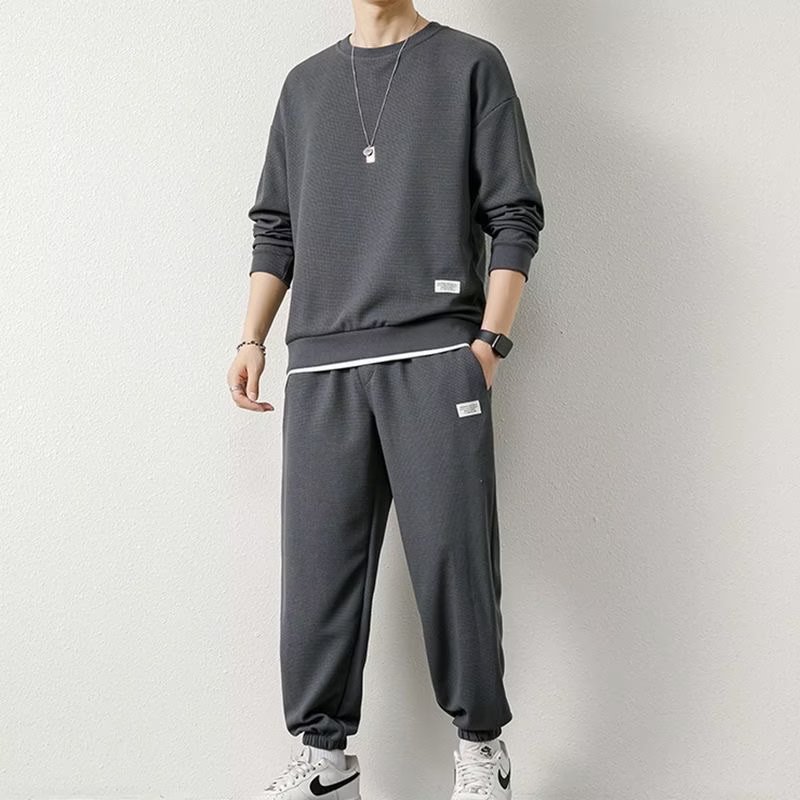 Waffle Long Sleeve Set Men's T-shirt Casual Set of Clothes Spring and Autumn Fashion Solid Color Loose Autumn T-shirt